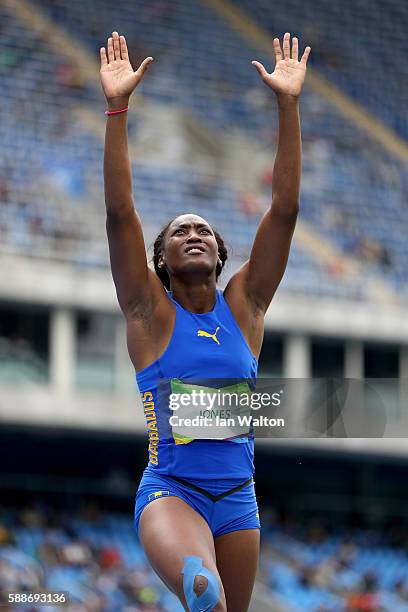 Akela Jones of Barbados reacts during the Women's Heptathlon High Jump on Day 7 of the Rio 2016 Olympic Games at the Olympic Stadium on August 12,...