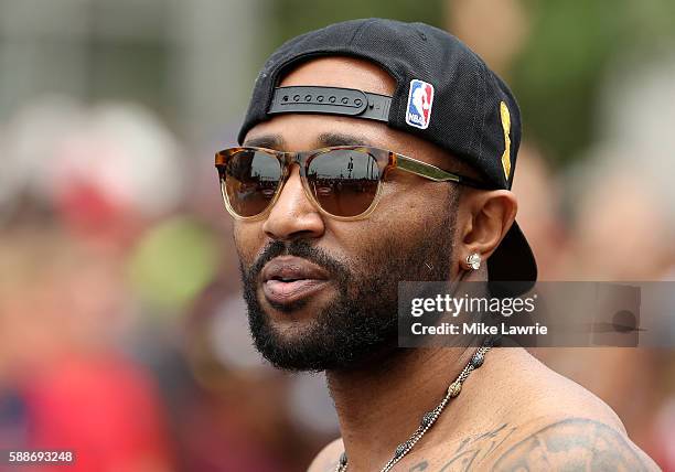 Mo Williams of the Cleveland Cavaliers looks on during the Cleveland Cavaliers 2016 NBA Championship victory parade and rally on June 22, 2016 in...