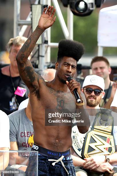 Iman Shumpert of the Cleveland Cavaliers speaks during the Cleveland Cavaliers 2016 NBA Championship victory parade and rally on June 22, 2016 in...