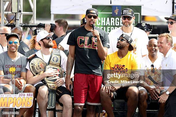 Channing Frye of the Cleveland Cavaliers speaks during the Cleveland Cavaliers 2016 NBA Championship victory parade and rally on June 22, 2016 in...