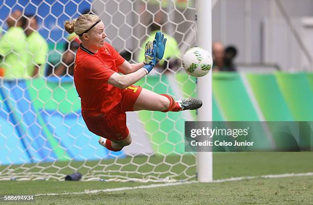 Hedvig Lindahl of Sweden saves a penalty shot during the penalty shoot out against the United States during the Women's Football Quarterfinal match...