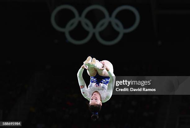 Katherine Driscoll of Great Britain competes during the Trampoline Gymnastics Women's Qualification on Day 7 of the Rio 2016 Olympic Games at the Rio...
