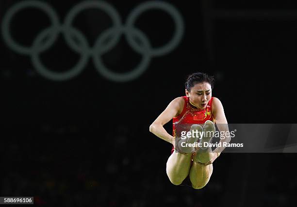 Wenna He of China competes during the Trampoline Gymnastics Women's Qualification on Day 7 of the Rio 2016 Olympic Games at the Rio Olympic Arena on...