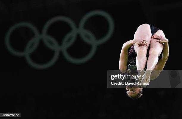 Rosannagh Maclennan of Canada competes during the Trampoline Gymnastics Women's Qualification on Day 7 of the Rio 2016 Olympic Games at the Rio...