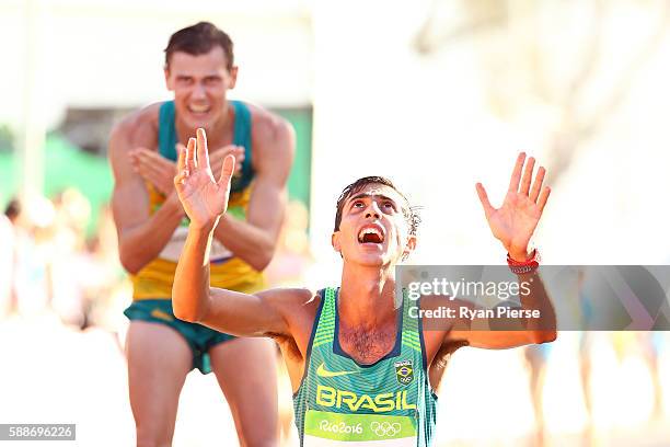 Caio Bonfim of Brazil reacts after placing fourth in the Men's 20km Race Walk on Day 7 of the Rio 2016 Olympic Games at Pontal on August 12, 2016 in...