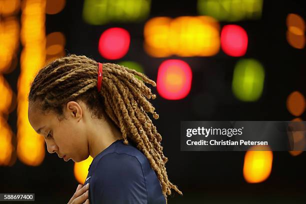 Brittney Griner of United States stands attended for the national anthem before the women's basketball game against Canada on Day 7 of the Rio 2016...