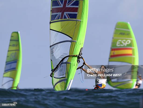 Britain's Bryony Shaw competes in the RS:X Women sailing class on Guanabara Bay in Rio de Janerio during the Rio 2016 Olympic Games on August 12,...