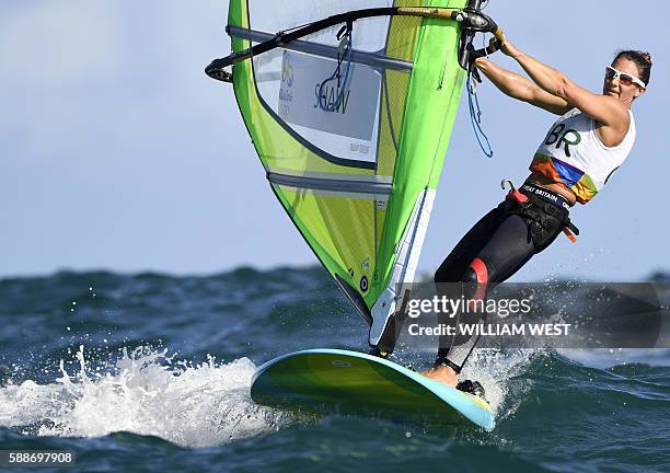 Britain's Bryony Shaw competes in the RS:X Women sailing class on Guanabara Bay in Rio de Janerio during the Rio 2016 Olympic Games on August 12,...