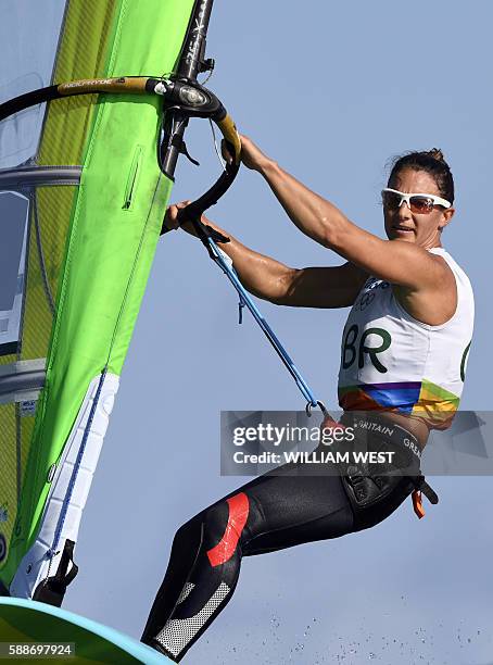 Britain's Bryony Shaw competes in the RS:X Women sailing class on Guanabara Bay in Rio de Janerio during the Rio 2016 Olympic Games on August 12,...