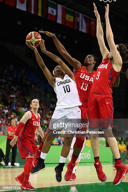 Nirra Fields of Canada attempts a shot against Sylvia Fowles of United States during the women's basketball game on Day 7 of the Rio 2016 Olympic...