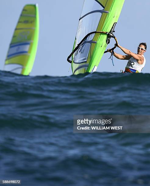 Britain's Bryony Shaw competes in the RS:X Women sailing class on Guanabara Bay in Rio de Janerio during the Rio 2016 Olympic Games on August 12,...