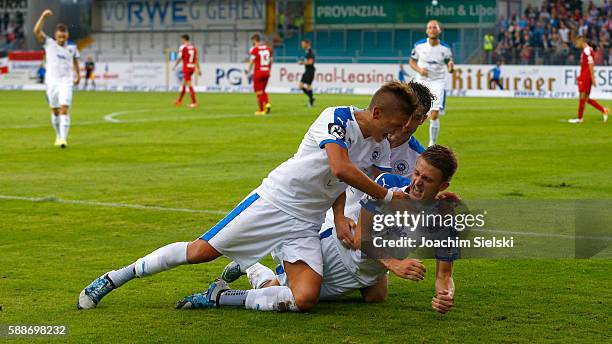 Marcel Kaffenberger, Goalgetter Nico Neidhart and Phillipp Steinhart of Lotte celebration the Goal 2:0 for Lotte during the third league match...