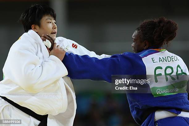 Emilie Andeol of France competes against Song Yu of China during the Women's +78kg Judo contest on Day 7 of the Rio 2016 Olympic Games at Carioca...