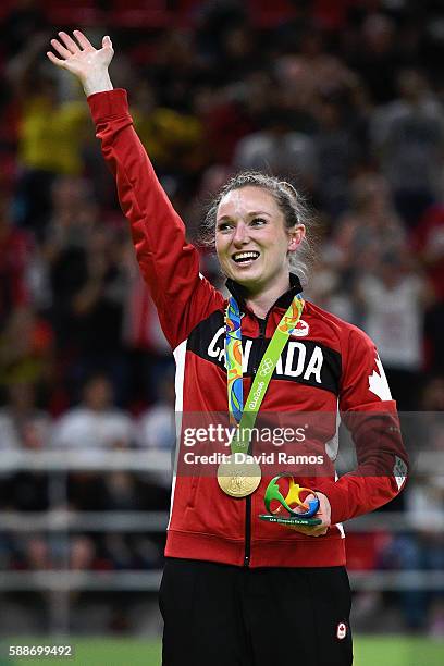 Gold medalist Rosannagh Maclennan of Canada reacts during the medal ceremony for the Trampoline Gymnastics Women's Final on Day 7 of the Rio 2016...
