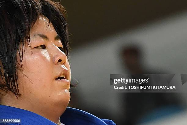 Japan's Kanae Yamabe looks on as she competes with Turkey's Kayra Sayit during their women's +78kg judo contest bronze medal A match of the Rio 2016...