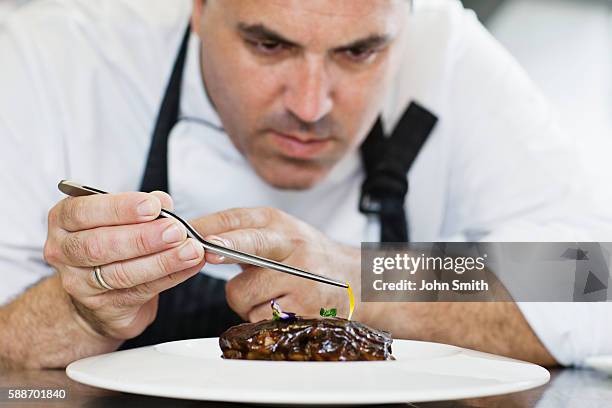 male chef preparing meal on plate - tweezer stock pictures, royalty-free photos & images