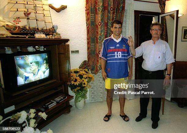 Soccer player Zinedine Zidane's brother Nordine Zidane and father Smail Zidane watching the 1998 World Cup Soccer matches at home in Marseille....