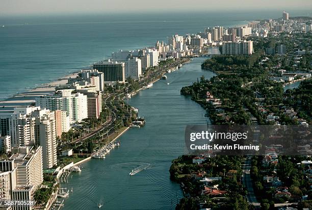 overview of miami beach and biscayne bay - biscayne bay stock pictures, royalty-free photos & images