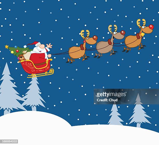 bildbanksillustrationer, clip art samt tecknat material och ikoner med santa claus in flight with his reindeer and sleigh - cartoon santa claus