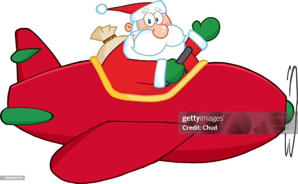 Santa Claus flying a plane and waving