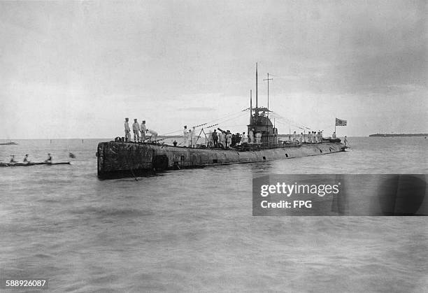 Former German U-boat from World War II anchored in Japanese waters, circa 1947.
