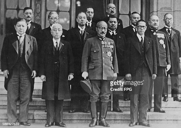 The cabinet of Japanese Prime Minister Hideki Tokyo, Tokyo, Japan, 1943. From left to right , Minister of Agriculture Hiroya Ino, Minister of...