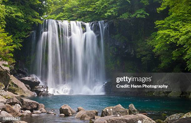 waterfall at cheonjeyeon falls on jeju island - jeju - fotografias e filmes do acervo