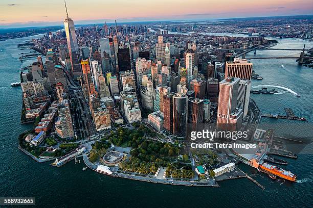 new york state, new york city, aerial view of downtown district - lower manhattan stock-fotos und bilder