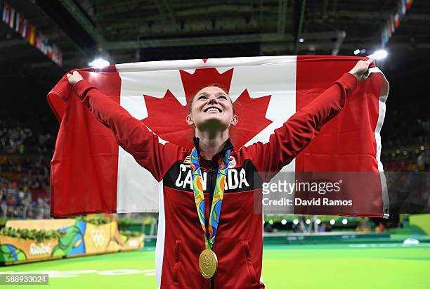 Gold medalist Rosannagh Maclennan of Canada reacts after winning the Trampoline Gymnastics Women's Final on Day 7 of the Rio 2016 Olympic Games at...