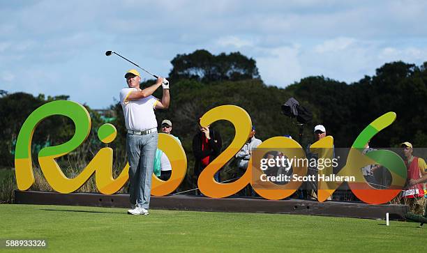 Marcus Fraser of Australia hits his tee shot on the 16th hole during the second round of the golf on Day 7 of the Rio 2016 Olympic Games at the...