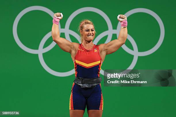 Lidia Valentin Perez of Spain celebrates during the Weightlifting - Women's 75kg Group A on Day 7 of the Rio 2016 Olympic Games at Riocentro -...
