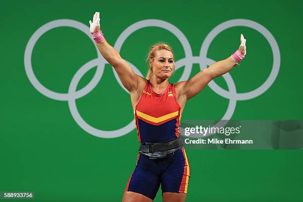 Lidia Valentin Perez of Spain celebrates during the Weightlifting - Women's 75kg Group A on Day 7 of the Rio 2016 Olympic Games at Riocentro -...