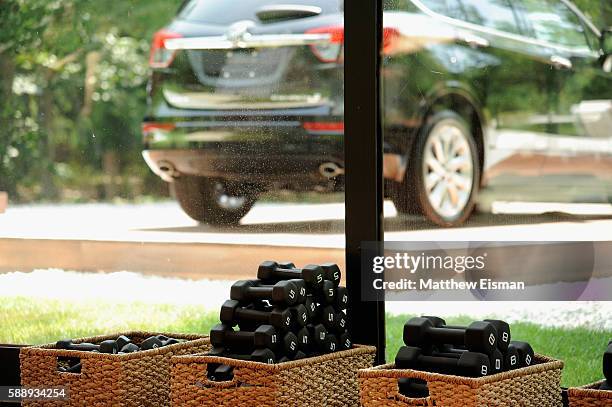 View of weights at the Buick celebration of the new Envision in the Hamptons at Buick Studio Envision on August 12, 2016 in East Hampton, New York.