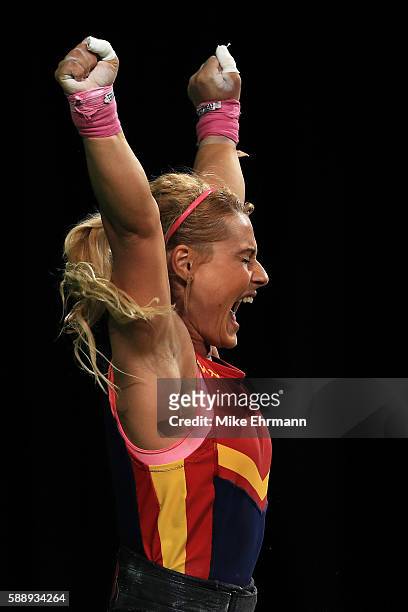 Lidia Valentin Perez of Spain celebrates during the Weightlifting - Women's 75kg Group A on Day 7 of the Rio 2016 Olympic Games at Riocentro -...