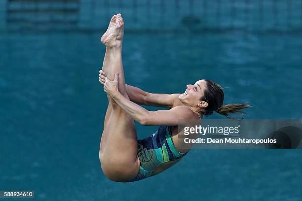 Juliana Veloso of Brazil competes in the Women's Diving 3m Springboard Preliminary Round on Day 7 of the Rio 2016 Olympic Games at Maria Lenk...
