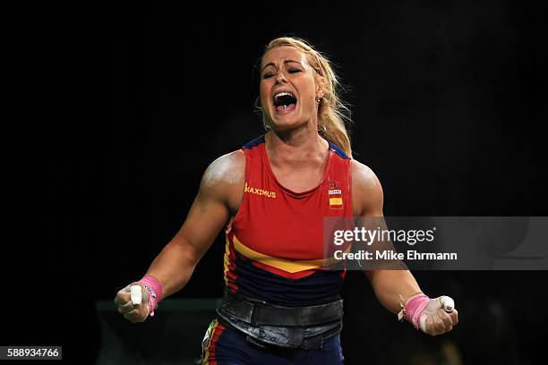 Lidia Valentin Perez of Spain celebrates during the Weightlifting - Women's 75kg Group A on Day 7 of the Rio 2016 Olympic Games at Riocentro -...