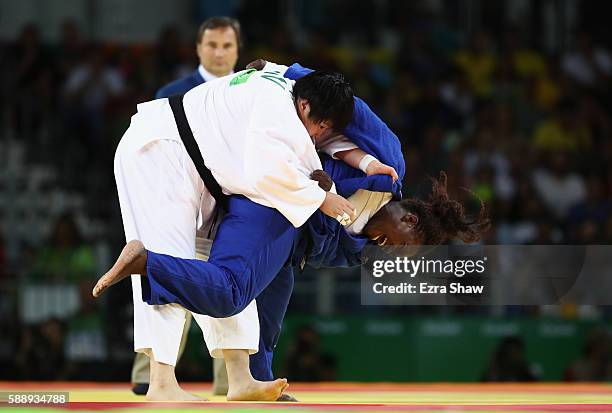 Emilie Andeol of France competes against Song Yu of China during the Women's +78kg Judo contest on Day 7 of the Rio 2016 Olympic Games at Carioca...