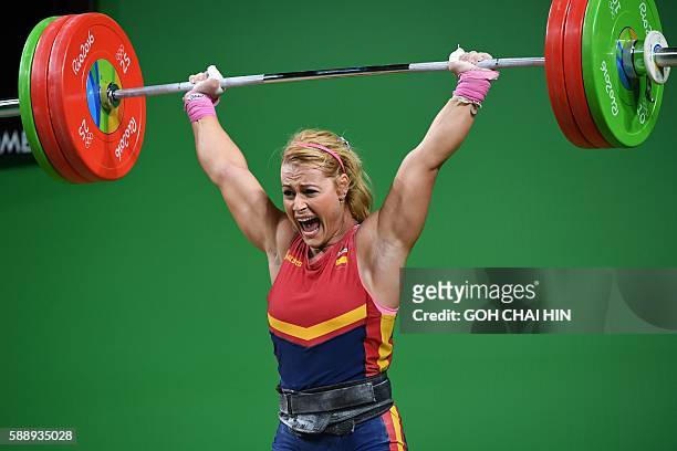 Spain's Lidia Valentin Perez competes during the women's weightlifting 75kg event during the Rio 2016 Olympics Games in Rio de Janeiro on August 12,...