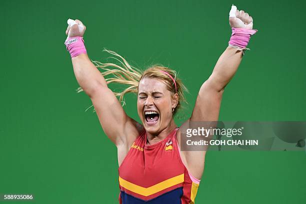 Spain's Lidia Valentin Perez reacts during the women's weightlifting 75kg event during the Rio 2016 Olympics Games in Rio de Janeiro on August 12,...