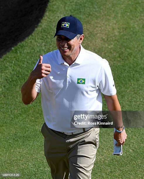 Adilson da Silva of Brazil on the 18th green during the second round of the Olympic Golf on Day 7 of the Rio 2016 Olympic Games at the Olympic Golf...