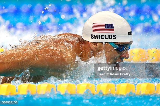 Tom Shields of the United States competes in the Men's 4 x 100m Medley Relay heat on Day 7 of the Rio 2016 Olympic Games at the Olympic Aquatics...