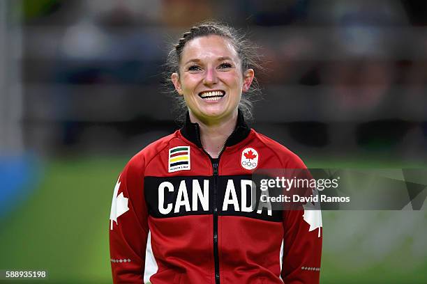 Gold medalist Rosannagh Maclennan of Canada reacts after winning the Trampoline Gymnastics Women's Final on Day 7 of the Rio 2016 Olympic Games at...