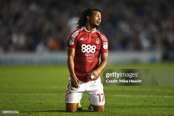 Hildeberto Pereira of Nottingham Forest looks dejected after shooting wide during the Sky Bet Championship match between Brighton & Hove Albion and...