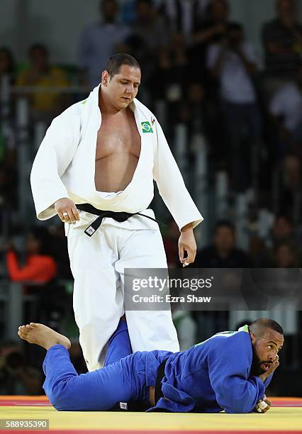 Rafael Silva of Brazil competes against Roy Meyer of Netherlands during the Men's +100kg Judo contest on Day 7 of the Rio 2016 Olympic Games at...