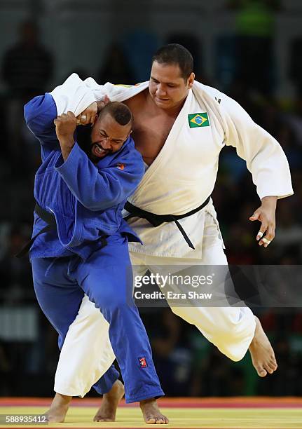 Rafael Silva of Brazil competes against Roy Meyer of Netherlands during the Men's +100kg Judo contest on Day 7 of the Rio 2016 Olympic Games at...