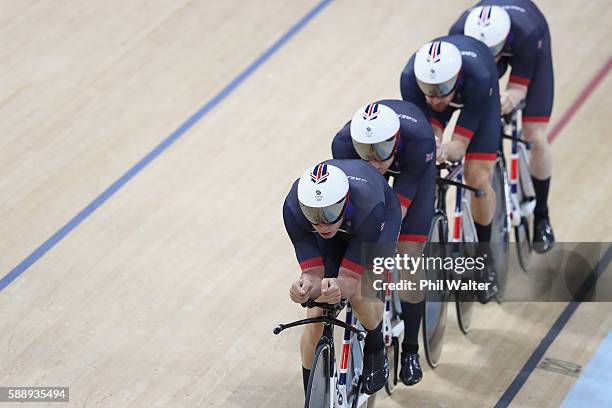 Edward Clancy, Steven Burke, Owain Doull and Bradley Wiggins of Team Great Britain competes in the Men's Team Pursuit First Round on Day 7 of the Rio...