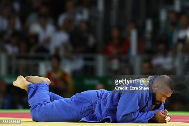 Roy Meyer of Netherlands reacts after being defeated by Rafael Silva of Brazil during the Men's +100kg Judo contest on Day 7 of the Rio 2016 Olympic...