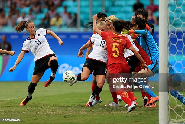 Sara Dabritz of Germany shoots at goal during the Women's Football Quarterfinal match between China and Germany on Day 7 of the Rio 2016 Olympic...