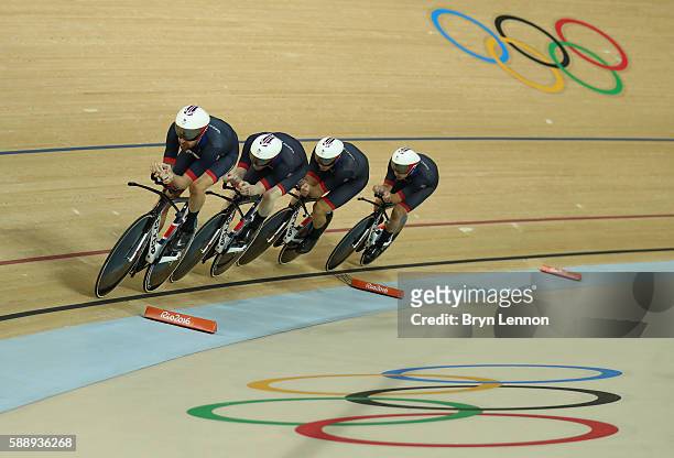 Edward Clancy, Steven Burke, Owain Doull and Bradley Wiggins of Team Great Britain competes in the Men's Team Pursuit First Round on Day 7 of the Rio...