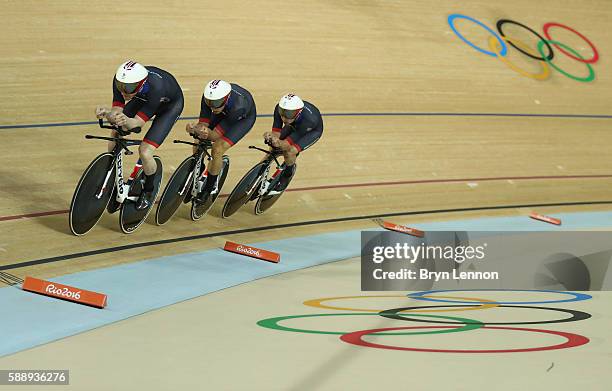 Edward Clancy, Steven Burke, Owain Doull and Bradley Wiggins of Team Great Britain competes in the Men's Team Pursuit First Round on Day 7 of the Rio...